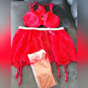 Victoria's secret 3 piece lingerie set. Red shine strap garter, bra, sto…